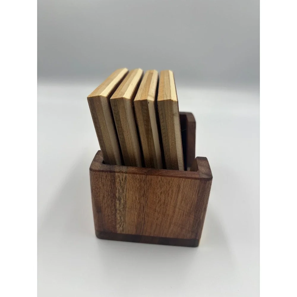 Live Laugh Love Wooden Coaster Set with Holder 4 Piece Heart Engraved Brown Wood